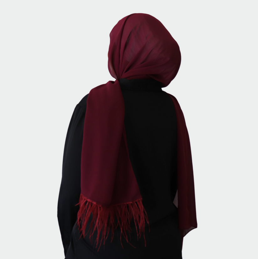 Feather Embellished Hijab - Burgendy
