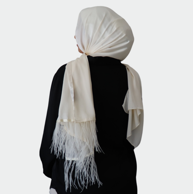 Feather Embellished Hijab - Ivory