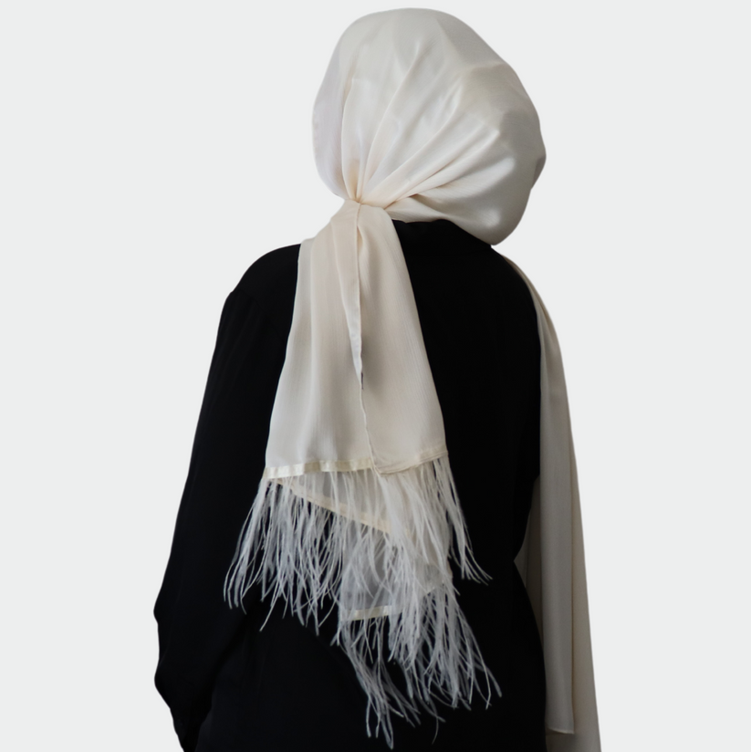 Feather Embellished Hijab - Ivory