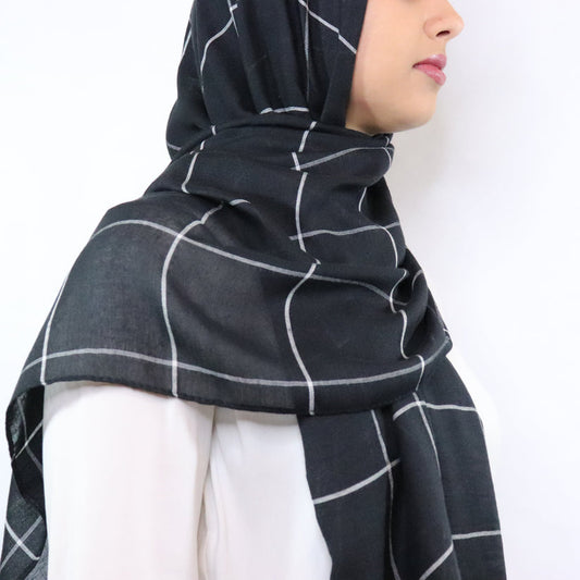 Grid Print Viscose Hijab - Black