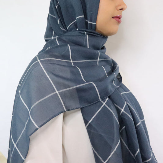 Grid Print Viscose Hijab - Navy